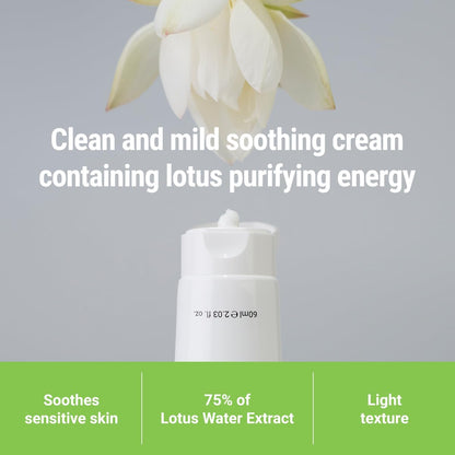 Calming Lotus Water Cream - Lightweight Moisturizer Face Cream for Oily, Combination Skin | 75% Lotus Water Extract for Skin Purifying, Anti-Aging | Vegan Korean Skincare (2.1 Fl.Oz, 60Ml)